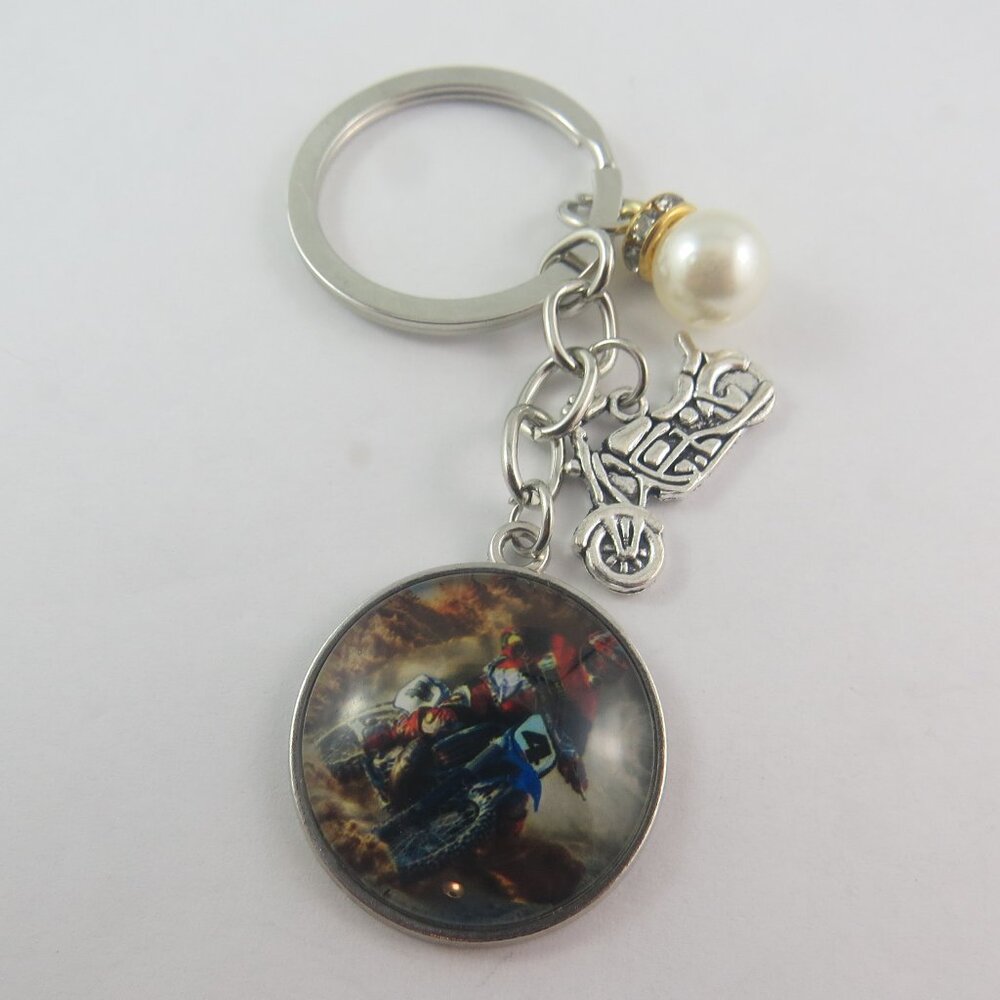 Motocross Keychain with Bike Charm Dirt Bike Key Ring Pearl Accent Racing Gift